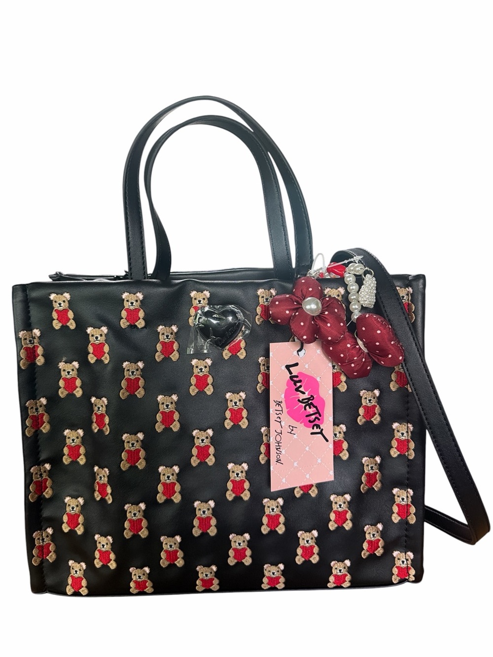Luv Betsey Johnson Embroidered Teddy Bear Hearts Satchel Crossbody Bag Black Red - Picture 2 of 10